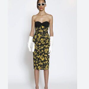 MICHAEL KORS Black Strapless Yellow Leaf Dress Sweetheart Neckline Size 4 $2000